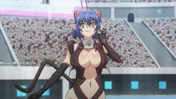 Rule 34 | 10s, 1girl, ahoge, animal ears, animated, animated gif, announcer, arena, black gloves, blue hair, bouncing breasts, breasts, cat demon girl (shinmai maou no testament burst), cleavage, cleavage cutout, clothing cutout, female focus, gloves, green eyes, holding, holding microphone, large breasts, microphone, navel, no bra, screencap, shinmai maou no testament, short hair, smile, stadium, standing, tail
