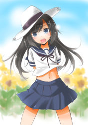 Rule 34 | 1girl, absurdres, arms behind back, asashio (kancolle), black hair, black neckerchief, blue eyes, blue sailor collar, blue skirt, blurry, commentary request, cosplay, cowboy shot, depth of field, flower, fubuki (kancolle), fubuki (kancolle) (cosplay), hat, highres, kantai collection, long hair, looking at viewer, navel, neckerchief, one-hour drawing challenge, pleated skirt, sailor collar, school uniform, serafuku, skirt, smile, solo, sun hat, sunflower, taisinkoku, white hat