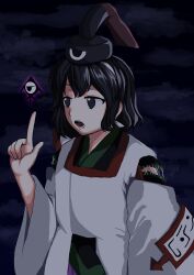 Rule 34 | 1other, absurdres, androgynous, anime coloring, black eyes, black hair, black headwear, blue background, commentary request, cowboy shot, detached sleeves, eye of senri, galaxy kanzume, hairband, hat, hat ribbon, highres, japanese clothes, jinbei (clothes), kariginu, layered sleeves, len&#039;en, long sleeves, looking ahead, ofuda, ofuda on clothes, open mouth, other focus, pointing, pointing up, red ribbon, ribbon, senri tsurubami, short hair, simple background, solo, tate eboshi, teeth, white hairband, white sleeves, wide sleeves