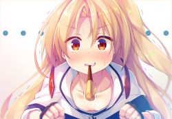 Rule 34 | ..., 1girl, azur lane, blonde hair, blush, breasts, cleveland (azur lane), collarbone, fingerless gloves, food, food in mouth, gloves, hair between eyes, long hair, looking at viewer, masaki kei, pocky, pocky kiss, pov, red eyes, shared food, small breasts, solo, solo focus