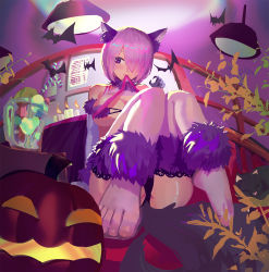 Rule 34 | 1girl, animal ears, bad id, bad pixiv id, bare shoulders, blush, breasts, cleavage, elbow gloves, fate/grand order, fate (series), feet, fur-trimmed gloves, fur-trimmed legwear, fur collar, fur trim, gloves, hair over one eye, halloween costume, highres, jack-o&#039;-lantern, knees together feet apart, knees up, lace, lace-trimmed legwear, lace trim, large breasts, light purple hair, looking to the side, mash kyrielight, mash kyrielight (dangerous beast), o-ring, official alternate costume, pumpkin, purple eyes, purple gloves, purple thighhighs, revealing clothes, revision, short hair, sitting, tail, thighhighs, toes, tseng-en, wolf ears, wolf tail