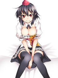 Rule 34 | 1girl, ashiroku (miracle hinacle), between legs, black hair, black skirt, breasts, cleavage, commentary request, detached collar, hand between legs, hat, highres, looking at viewer, pointy ears, puffy short sleeves, puffy sleeves, red eyes, shameimaru aya, short hair, short sleeves, sitting, skirt, smile, solo, swimsuit, thighhighs, tokin hat, touhou, v arms
