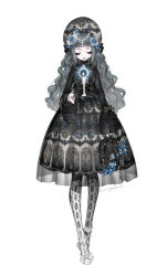 Rule 34 | 1girl, arm at side, beads, black bow, blue flower, blue rose, blunt bangs, bonnet, bow, cage, candle, candlestand, closed eyes, cross, cross-laced footwear, cross necklace, dress, eyelashes, flower, frills, full body, gothic lolita, grey hair, hair beads, hair flower, hair ornament, hat, high heels, highres, holding, jewelry, lolita fashion, long hair, long sleeves, necklace, original, pale skin, pantyhose, print dress, rose, see-through, shoes, signature, simple background, sketch, solo, spinel (9057), standing, strappy heels, striped, striped bow, very long hair, white background, white bow, white footwear, wide sleeves