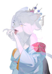 Rule 34 | 1girl, absurdres, animal ear fluff, animal ears, blue kimono, breasts, cat ears, cat tail, cleavage, fangs, female focus, fingernails, furry, furry female, highres, japanese clothes, kimono, off shoulder, open mouth, original, sharp fingernails, simple background, slit pupils, solo, tail, tongue, whiskers, white background, white hair, wo xuyao jiashui, yellow eyes