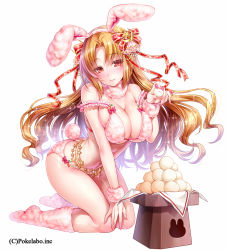 Rule 34 | 1girl, animal ears, bad id, bad tumblr id, bare shoulders, bikini, blonde hair, blush, boots, breasts, rabbit ears, rabbit tail, cleavage, company name, dango, female focus, food, frilled bikini, frills, fur-trimmed bikini, fur boots, fur trim, hair ribbon, hizuki akira, huge breasts, knee boots, kneeling, leaning forward, long hair, looking at viewer, mochi, navel, red eyes, ribbon, simple background, smile, solo, strap slip, swimsuit, tail, wagashi, white background