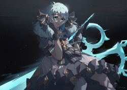 Rule 34 | 1girl, absurdres, black background, blue eyes, blue hair, close-up, drill hair, gloves, gradient background, grey background, gwen (league of legends), highres, league of legends, lipstick, long hair, looking to the side, makeup, matching hair/eyes, open mouth, ribbon, scissors, solo, thighhighs