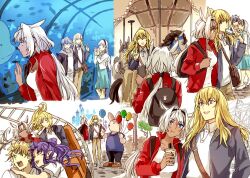 Rule 34 | 3boys, 3girls, alternate costume, amusement park, anastasia (fate), animal ears, aqua dress, aquarium, arm around shoulder, backpack, bag, balloon, black bag, black hairband, blonde hair, blue eyes, body markings, brown bag, brown pants, bubble tea, caenis (fate), carousel, casual, cellphone, closed eyes, closed mouth, contemporary, cup, dark-skinned female, dark skin, disposable cup, dress, drinking straw, eating, extra ears, fate/grand order, fate (series), fish, food, green eyes, grey hair, grey jacket, hair between eyes, hair intakes, hairband, hand up, holding, holding balloon, holding cup, holding food, holding phone, holding popsicle, horse ears, jacket, jason (fate), kadoc zemlupus, kirschtaria wodime, long hair, long sleeves, looking ahead, looking at animal, looking at another, mascot costume, medea (lily) (fate), multiple boys, multiple girls, multiple views, open clothes, open jacket, open mouth, pants, phone, pointy ears, ponytail, ponytail holder, popsicle, purple eyes, purple hair, red jacket, roller coaster, shirt, short hair, short sleeves, shoulder bag, shouting, sitting, smartphone, smile, taking picture, teeth, tsengyun, upper teeth only, v, walking, white hair, white jacket, white pants, white shirt