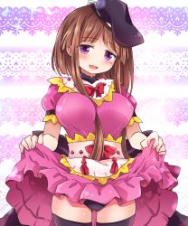 Rule 34 | 1girl, apron, between breasts, black hat, black panties, black thighhighs, blush, breasts, brown hair, clothes lift, cowboy shot, dress, dress lift, hair between breasts, half-closed eyes, hat, highres, large breasts, lifted by self, looking at viewer, nishida satono, open mouth, panties, pink background, pink dress, pote (ptkan), short hair with long locks, sidelocks, smile, solo, thighhighs, touhou, underwear, waist apron
