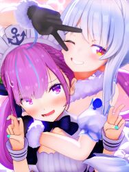 2girls 3d aqua_nails black_gloves blue_hair blush bow bowtie braid commentary_request crown_braid double_v eyes_visible_through_hair facing_viewer frown fur-trimmed_gloves fur_trim gloves grin highres hikimayu hololive looking_at_viewer maid maid_headdress mikumikudance_(medium) minato_aqua minato_aqua_(1st_costume) mithras_custom multicolored_hair multiple_girls nail_polish one_eye_closed open_mouth purple_eyes purple_hair red_eyes shy smile streaked_hair sweatdrop symbol_in_eye upper_body usada_pekora usada_pekora_(1st_costume) v virtual_youtuber wrist_cuffs