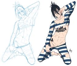 Rule 34 | 1boy, absurdres, barefoot, black hair, facing viewer, highres, looking at viewer, male focus, medium penis, one-punch man, onsoku no sonic, pants, penis, prison clothes, simple background, smile, solo, striped clothes, striped pants, tagme, torn clothes, white background