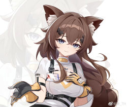 Rule 34 | 1girl, animal ear fluff, animal ears, breasts, brown hair, cleavage cutout, clothing cutout, commentary request, girls&#039; frontline, girls&#039; frontline neural cloud, gloves, grey eyes, hair between eyes, hair ornament, hand on own chest, highres, id card, jing th, large breasts, long hair, looking at viewer, shirt, sleeveless, smile, solo, turing (neural cloud), upper body, weibo watermark, white shirt, zoom layer