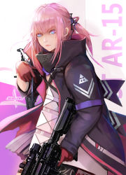 Rule 34 | 1girl, ar-15, armband, armor, assault rifle, blue eyes, blush, character name, closed mouth, clothes writing, coat, commentary, dress, dual wielding, floating hair, gas mask, girls&#039; frontline, gloves, gun, hair between eyes, hair ornament, highres, holding, holding gun, holding weapon, holster, jacket, long hair, looking at viewer, magazine (weapon), mask, mod3 (girls&#039; frontline), multicolored eyes, multicolored hair, open clothes, open coat, pink eyes, pink hair, ponytail, rifle, scarf, scope, sidelocks, signature, skindentation, solo, st ar-15 (girls&#039; frontline), st ar-15 (mod3) (girls&#039; frontline), strap, streaked hair, thigh holster, thigh strap, thighhighs, torn clothes, torn jacket, trigger discipline, weapon, wind, wind lift, x-kulon