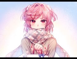 Rule 34 | bag, blazer, blue ribbon, blush, breath, brown jacket, brown scarf, doki doki literature club, gift bag, hair ornament, holding, holding bag, jacket, letterboxed, long sleeves, looking at viewer, medium hair, natsuki (doki doki literature club), pink eyes, pink hair, plaid, plaid scarf, ribbon, scarf, school uniform, solo, sparkle, sweatdrop, two side up, upper body, v-shaped eyebrows, yuiki yuu
