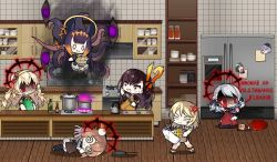 Rule 34 | !?, 6+girls, :3, @ @, affliction (darkest dungeon), alternate costume, anger vein, apron, bad food, black ribbon, blonde hair, bottle, bowl, brown hair, cabinet, chibi, chopsticks, cigar, commentary, cooking, cross, crossed legs, crossover, cthulhu mythos, cupboard, darkest dungeon, eating, english commentary, faucet, fire, food, frying pan, fur hat, girls&#039; frontline, glass bottle, gloves, green eyes, hair ornament, hair ribbon, hairband, hat, unworn hat, head bump, unworn headwear, holding, holding chopsticks, hololive, hololive english, indoors, jacket, jar, ketchup, kettle, knife, lid, long hair, long sleeves, messy hair, multiple girls, nagant revolver (girls&#039; frontline), necktie, ninomae ina&#039;nis, ninomae ina&#039;nis (1st costume), noodles, o o, one side up, open mouth, oven, plate, possessed, pot, purple hair, r&#039;lyeh, red eyes, refrigerator, ribbon, s.a.t.8 (girls&#039; frontline), shelf, shirt, sidelocks, silver hair, sink, smile, spas-12 (girls&#039; frontline), spatula, spoon, springfield (girls&#039; frontline), stove, summoning, tentacles, the mad mimic, thompson (girls&#039; frontline), tile wall, tiles, translated, ventilation shaft, very long hair, virtual youtuber, wa2000 (girls&#039; frontline), white headwear, white jacket, white shirt, wooden floor, writing on wall