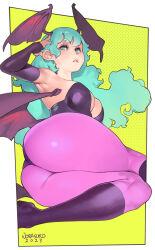 Rule 34 | 1girl, @ @, absurdres, aqua eyes, aqua hair, armpits, artist name, ass, bat wings, breasts, cleavage, commentary, dated, demon girl, detached sleeves, english commentary, gradient background, green background, head wings, highres, large breasts, lips, long hair, morrigan aensland, norasuko, pantyhose, parted lips, pink pantyhose, polka dot, polka dot background, solo, vampire (game), wings