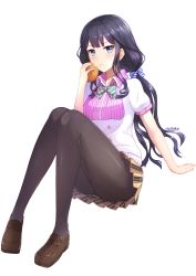 Rule 34 | 10s, 1girl, :t, adagaki aki, arm support, ass, black hair, black pantyhose, blue eyes, blush, bread, breasts, eating, food, full body, legs, loafers, long hair, long legs, looking at viewer, low twintails, masamune-kun no revenge, pantyhose, plaid, plaid skirt, rizihike, school uniform, shoes, sitting, skirt, solo, thighs, twintails, white background