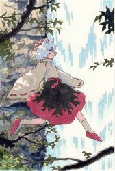 Rule 34 | 1girl, black skirt, branch, closed mouth, detached sleeves, from side, full body, hat, highres, inubashiri momiji, leaf, leaf print, long sleeves, looking ahead, maple leaf print, marker (medium), medium skirt, midair, multicolored clothes, multicolored skirt, outdoors, pom pom (clothes), red eyes, red footwear, red ribbon, red sash, red skirt, ribbon, ribbon-trimmed sleeves, ribbon trim, sash, scan, shiratama (hockey), shirt, short hair, skirt, sleeveless, sleeveless shirt, socks, solo, tokin hat, touhou, traditional media, turtleneck, water, waterfall, white hair, white shirt, white socks, wide sleeves