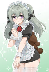 Rule 34 | 1girl, absurdres, apron, ascot, black dress, blush, commentary request, corin wickes, cowboy shot, dress, gradient background, green background, grey hair, hand up, highres, linreplica, long hair, looking at viewer, maid, maid headdress, open mouth, pencil dress, purple eyes, red ascot, short dress, solo, standing, stuffed animal, stuffed toy, teddy bear, thighhighs, thighs, twintails, white apron, white background, white thighhighs, wrist cuffs, zenless zone zero