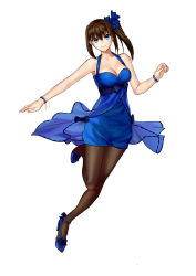 Rule 34 | 1girl, absurdres, aozaki aoko, bangle, bare shoulders, black pantyhose, blue eyes, blue footwear, bracelet, breasts, brown hair, cleavage, cqqz0707, full body, hair between eyes, high heels, highres, jewelry, legs, long hair, looking at viewer, mahou tsukai no yoru, medium breasts, outstretched arms, pantyhose, side ponytail, smile, solo, white background