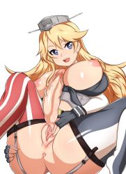 Rule 34 | 10s, 1girl, anus, blonde hair, blue eyes, blush, breasts, censored, erection, exlic, fingerless gloves, futanari, garter straps, gloves, has uncensored version, highres, iowa (kancolle), kantai collection, large breasts, large penis, long hair, looking at viewer, mosaic censoring, nipples, no testicles, open mouth, penis, puffy nipples, pussy, shiny skin, simple background, smile, solo, spread legs, spread pussy, star-shaped pupils, star (symbol), symbol-shaped pupils, thighhighs, veins, veiny penis, white background