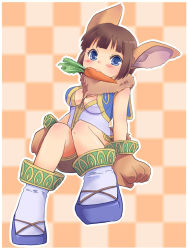 Rule 34 | 1girl, animal ears, animal hands, blue eyes, blush, boots, breasts, breasts apart, brown hair, carrot, checkered background, chrono (series), chrono cross, cleavage cutout, clothing cutout, female focus, full body, fur, janice (chrono cross), mouth hold, rabbit ears, rabbit tail, short hair, sitting, solo, suxu3bluebell, tail