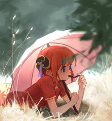Rule 34 | 1girl, absurdres, blue eyes, blurry, blurry foreground, bun cover, china dress, chinese clothes, closed mouth, commentary request, day, depth of field, double bun, dress, eating, food, gintama, hair bun, hand up, highres, holding, holding food, holding umbrella, kagura (gintama), looking away, lying, on stomach, orange hair, outdoors, pink umbrella, red dress, short sleeves, solo, umbrella, yuhuan