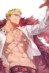 Rule 34 | 1boy, abs, areola slip, arm up, blonde hair, coat, commentary, donquixote doflamingo, earrings, feather coat, highres, jewelry, male focus, navel, one piece, open clothes, pectorals, pink coat, shirt, short hair, smile, solo, sunglasses, symbol-only commentary, toned, toned male, white background, white shirt, xuchuan