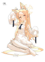 Rule 34 | 1girl, absurdres, animal ears, blonde hair, blue archive, closed mouth, detached sleeves, dress, flat chest, halo, highres, long hair, seia (blue archive), simple background, smile, solo, tsukibara, white background, white dress, white sleeves, wide sleeves, yellow eyes, yellow halo