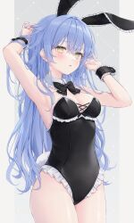 Rule 34 | 1girl, animal ears, armpits, arms up, bare shoulders, black bow, black bowtie, black leotard, blue hair, blush, bow, bowtie, breasts, cleavage, collar, copyright request, cowboy shot, cross-laced clothes, detached collar, earrings, fake animal ears, fake tail, frilled leotard, frills, grey background, hair between eyes, hand in own hair, hands in hair, highres, jewelry, leotard, long hair, looking at viewer, medium breasts, parted lips, playboy bunny, rabbit ears, rabbit tail, shano hiyori, simple background, solo, standing, strapless, strapless leotard, tail, thighs, very long hair, wavy hair, white background, wrist cuffs, yellow eyes
