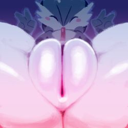Rule 34 | 1girl, blush, blush stickers, cleft of venus, closed eyes, creatures (company), double v, exed eyes, fat mons, female focus, game freak, gardevoir, gen 3 pokemon, green hair, hands up, lying, nintendo, on back, pokemon, pokemon (creature), pokemon rse, purple background, pussy, short hair, simple background, solo, spread legs, uncensored, v