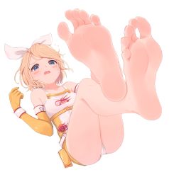 Rule 34 | 1girl, absurdres, ass, bare legs, bare shoulders, barefoot, blonde hair, blue eyes, blush, bow, breasts, clothes writing, collarbone, commission, dress, elbow gloves, fang, feet, feet up, foot focus, foreshortening, gloves, hair bow, highres, kagamine rin, kahlua (artist), legs up, lying, on back, open mouth, panties, short dress, short hair, skeb commission, small breasts, soles, solo, sweat, toes, two-tone dress, underwear, vocaloid, white dress, white panties, wristband, yellow dress, yellow gloves
