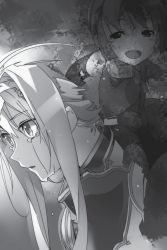 Rule 34 | 2girls, :d, alice zuberg, armor, bunbun, crying, crying with eyes open, greyscale, hair between eyes, highres, long hair, looking at viewer, monochrome, multiple girls, non-web source, novel illustration, official art, open mouth, selka zuberg, smile, sword art online, tears, upper body