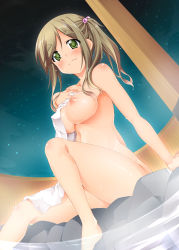 Rule 34 | 1girl, bbgaoimikan, blush, breasts, brown hair, closed mouth, collarbone, commentary, covering privates, fang, fisheye, from below, green eyes, hair bobbles, hair ornament, highres, inuyama aoi, large breasts, long hair, looking at viewer, night, nipples, nude, nude cover, onsen, outdoors, side ponytail, sitting, skin fang, sky, smile, solo, star (sky), starry sky, steam, thick eyebrows, towel, water, yurucamp