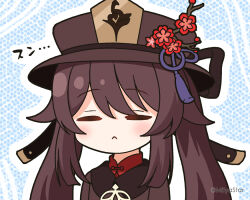 Rule 34 | 1girl, :&lt;, black ribbon, blush, brown hair, brown hat, brown jacket, closed eyes, closed mouth, commentary request, facing viewer, flower, genshin impact, hair between eyes, hat, hat flower, hu tao (genshin impact), jacket, long hair, mitya, outline, red flower, red shirt, ribbon, shirt, solo, twitter username, upper body, white outline