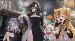 Rule 34 | 4girls, absurdres, animal ears, artist request, azur lane, bag, bare shoulders, blonde hair, blue eyes, blue hair, breasts, building, china dress, chinese clothes, cleavage, closed mouth, company connection, company name, dress, dumpling, feather boa, fei yuen (azur lane), fingerless gloves, fireworks, floral print, food, gloves, gold trim, green eyes, highres, holding, holding food, hu pen (azur lane), huan ch&#039;ang (azur lane), large breasts, long hair, long sleeves, looking at viewer, lung wu (azur lane), mask, mouth hold, multicolored hair, multiple girls, night, night sky, official art, one eye closed, outdoors, paper bag, pom pom (clothes), shiny skin, short hair, sitting, sky, skyscraper, sleeveless, sleeves past wrists, smile, sparkle, thighs, tiger ears, white hair, yellow eyes