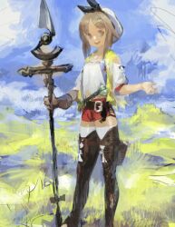 Rule 34 | 1girl, atelier (series), atelier ryza, belt, belt buckle, brown hair, buckle, feet out of frame, hakusaku, holding, holding staff, landscape, looking to the side, medium hair, open mouth, pants, red pants, reisalin stout, short shorts, shorts, sidelocks, sky, smile, solo, staff, teeth, thighhighs, upper body, upper teeth only, white headwear, zettai ryouiki