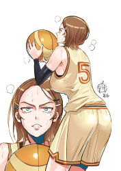 Rule 34 | ass, ball, basketball, basketball (object), basketball uniform, blue eyes, breasts, brown hair, detached sleeves, ge xi, hair ornament, hairclip, highres, huge breasts, mole, mole under eye, original, parted lips, short hair, shorts, sideboob, simple background, solo focus, sportswear, sweat, tall, white background