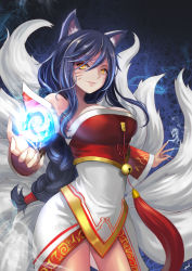 Rule 34 | 1girl, absurdres, ahri (league of legends), animal ears, bare shoulders, bell, black hair, breasts, cleavage, detached sleeves, energy ball, facial mark, fingernails, fox ears, fox tail, highres, korean clothes, large breasts, league of legends, lips, long hair, multiple tails, slit pupils, solo, tail, third-party source, whisker markings, yellow eyes