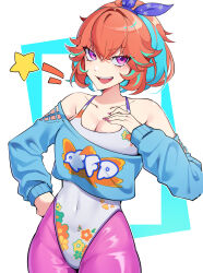 Rule 34 | 1girl, :d, absurdres, blue shirt, breasts, cleavage, collarbone, cowboy shot, floral print, hair ribbon, hand on own hip, highres, hololive, hololive english, large breasts, leggings, leotard, long sleeves, looking at viewer, multicolored hair, official alternate costume, open mouth, orange hair, pink nails, ponytail, print leotard, print shirt, purple eyes, ribbon, shirt, smile, solo, star (symbol), streaked hair, takanashi kiara, takanashi kiara (7th costume), toa 0908, v-shaped eyebrows, virtual youtuber, white leotard