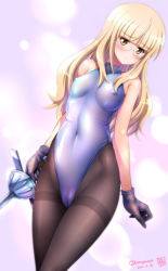 Rule 34 | 1girl, bangs, black legwear, blonde hair, blunt bangs, blush, breasts, cameltoe, cleft of venus, covered erect nipples, covered navel, glasses, gloves, kamogawa tanuki, leotard, long hair, looking at viewer, pantyhose, perrine h clostermann, rapier, shiny, shiny clothes, shiny hair, shiny skin, skin tight, small breasts, solo, standing, strike witches, sword, thighband pantyhose, weapon, white leotard, world witches series, yellow eyes