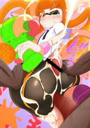 Rule 34 | 1girl, apamutamamootekoi, ass, bar censor, bike shorts, blush, buttjob, buttjob over clothes, censored, cum, cum on clothes, facial, highres, huge ass, inkling player character, looking back, nintendo, one eye closed, penis, pointless censoring, pointy ears, pov, shiny clothes, shiny skin, splatoon (series), sweatdrop, tongue