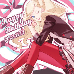 Rule 34 | 1girl, ;p, black jacket, blonde hair, blue hair, boots, brown footwear, commentary request, dated, english text, hair ornament, hairclip, happy birthday, highres, jacket, long hair, looking at viewer, miniskirt, one eye closed, pantyhose, persona, persona 5, plaid, plaid skirt, pleated skirt, red pantyhose, school uniform, shuuchiin academy school uniform, sitting, skirt, smile, solo, swept bangs, takamaki anne, tongue, tongue out, tsubsa syaoin, twintails