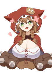 Rule 34 | 1girl, absurdres, animal hands, blush, bow, braid, breasts, brown bow, brown hair, cleavage, corset, green eyes, hair between eyes, heart, highres, hood, hood up, large breasts, long hair, looking at viewer, new sankin nyu, nijisanji, open mouth, red hood, shirt, simple background, smile, solo, twin braids, upper body, virtual youtuber, warabeda meiji, white background, white shirt