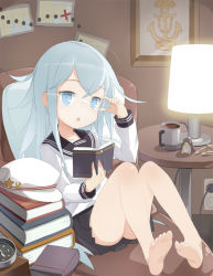 Rule 34 | 10s, 1girl, adjusting eyewear, anchor, ass, bare legs, barefoot, bespectacled, blue eyes, blue hair, book, bullet, chestnut mouth, compass, cup, electrical outlet, electrical outlet, failure penguin, female focus, flam (81), full body, glasses, hammer and sickle, hat, hibiki (kancolle), indoors, kantai collection, lamp, long hair, looking at viewer, military hat, open mouth, school uniform, serafuku, sitting, skirt, solo, star (symbol), verniy (kancolle)