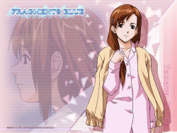 Rule 34 | 1girl, arm at side, brown eyes, brown hair, buttons, character name, closed mouth, collarbone, copyright name, flat chest, fragments blue, from side, hair over shoulder, horibe hiderou, jacket, jacket on shoulders, long hair, long sleeves, looking at viewer, multiple views, open clothes, open jacket, pajamas, sidelocks, sleeves past wrists, smile, tareme, triangle, upper body, yazawa chika