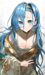 Rule 34 | 1girl, 37 (reverse:1999), :&gt;, amamiyadagashi, ancient greek clothes, artist name, bare shoulders, blue eyes, blue hair, breasts, cleavage, commentary request, gold choker, greco-roman clothes, hand up, highres, long hair, looking at viewer, reverse:1999, sign, solo, toga, twitter username, upper body, v, very long hair, white background, wide sleeves