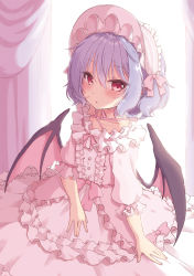 Rule 34 | 1girl, alternate costume, alternate headwear, bat wings, beni kurage, blue hair, blush, bonnet, bow, center frills, collarbone, commentary request, cowboy shot, criss-cross halter, curtains, dress, frills, hair between eyes, halterneck, highres, layered dress, lolita fashion, looking at viewer, parted lips, pink bow, pink dress, pink ribbon, pink sash, puffy short sleeves, puffy sleeves, red eyes, remilia scarlet, ribbon, ribbon trim, sash, short hair, short sleeves, solo, sweet lolita, touhou, wings