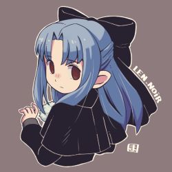 Rule 34 | 1girl, black bow, black capelet, black shirt, blue hair, bow, brown eyes, capelet, character name, commentary, cropped torso, empty eyes, english commentary, from behind, grey background, hair bow, len (tsukihime), long hair, long sleeves, looking at viewer, looking back, mawaru (mawaru), parted bangs, puffy long sleeves, puffy sleeves, shirt, simple background, solo, tsukihime, upper body