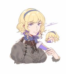 Rule 34 | 1girl, blonde hair, blue eyes, character name, closed mouth, constance von nuvelle, earrings, fire emblem, fire emblem: three houses, garreg mach monastery uniform, hand fan, highres, holding, jewelry, nintendo, simple background, smile, solo, uniform, upper body, white background, yukari (bryleluansing)