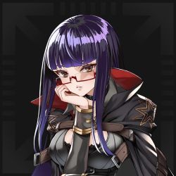 Rule 34 | 1girl, breasts, brown eyes, choker, glasses, head rest, highres, kaorihero, looking at viewer, official art, pale skin, polygon project, purple hair, solo, virtual youtuber, xpi